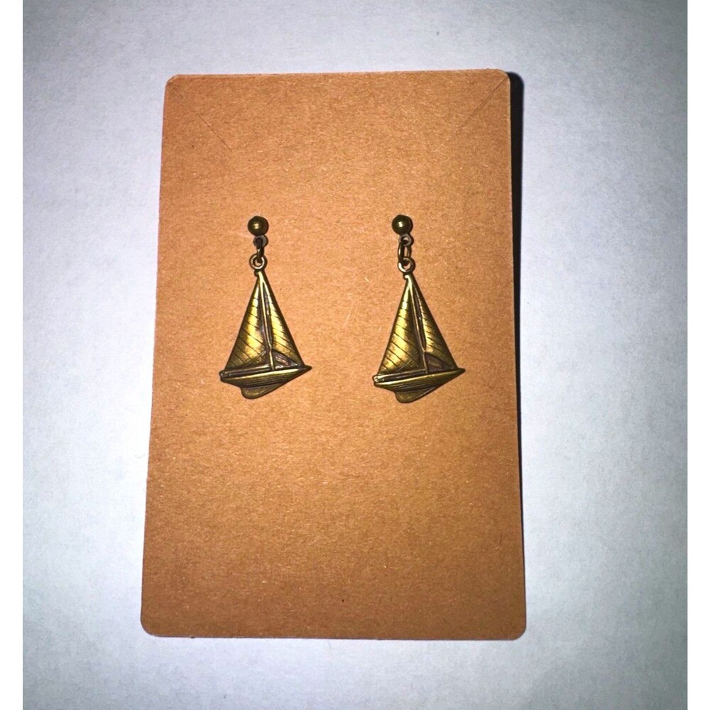 Gold Tone Sailboat Nautical Dangle/Drop Earrings Metal Butterfly Closure Lobe